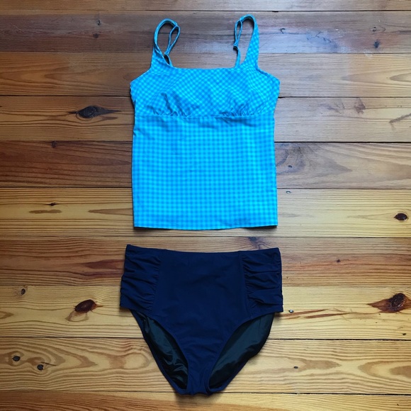 Lands End L. L. Bean Blue Checker High-Waist Tankini, EUC, 12/16 L/XL - Picture 1 of 13
